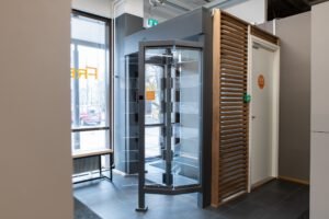 Full-Height Turnstile GT5 — three rotor sectors, 1.9 m frame, AISI 304, IP54, fail-safe fire-alarm release